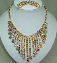 £176.00 - Vintage 50s Amazing AB Diamante Festoon Bib Drop Necklace and Earrings