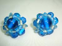 1950s Stunning Blue Glass Bead Flower Clip On Earrings