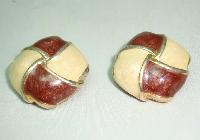 Vintage 80s Quality 2 Tone Cream + Brown Enamel Gold Clip On Earrings 