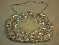 £36.00 - Vintage 50s Silver Sequin and Cream Lucite Flower Evening Bead Handbag