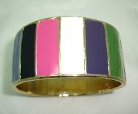 £32.00 - 1980s Heavy Multicoloured Enamel Wide Goldtone Striped Bangle Quality!