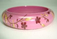 £30.00 - Designer Zsiska Pink Gold and Red Flowers Birds Clear Lucite Bangle