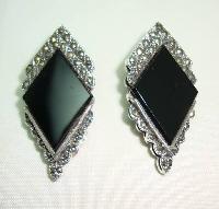 £36.00 - Art Deco Style Sterling Silver Black Onyx + Marcasite Clip on Earrings