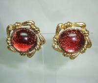 £19.00 - Vintage 50s Fabulous Chunky Domed Red Lucite Goldtone Clip On Earrings