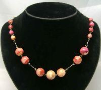 Art Deco 30s Pink End of Day Celluloid Bead Rolled Gold Necklace