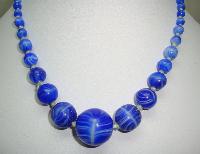 Pretty 30s Art Deco Vibrant Blue Art Glass Hand Knotted Bead Necklace 