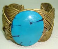 £14.00 - Unique Wide Pleated Style Gold Cuff Bangle with Large Turquoise Stone