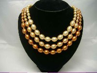 Vintage 50s 3 Row Shades of Cream and Gold Faux Pearl Bead Necklace