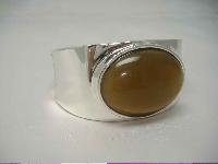 1950s Style Gold Brown Moonglow Glass Silver Wide Clamper Bracelet