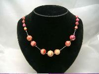 Art Deco 30s Pink End of Day Celluloid Bead Rolled Gold Necklace