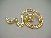 Vintage 80s Gold Swirl Squiggle Brooch with Faux Pearl