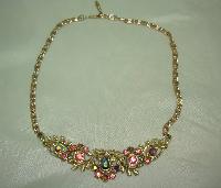 Vintage 50s Pretty Pink AB Diamante Ornate Link Scallop Drop Necklace 