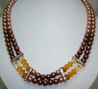 Two Row Brown Glass Pearl and Crystal Bead Necklace with Diamantes