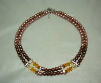 Two Row Brown Glass Pearl and Crystal Bead Necklace with Diamantes