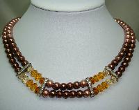 Two Row Brown Glass Pearl and Crystal Bead Necklace with Diamantes