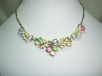 Vintage 50s Cream Enamel Floral Link Multicoloured Diamante Necklace