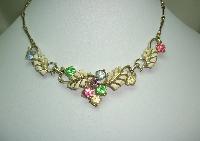 Vintage 50s Cream Enamel Floral Link Multicoloured Diamante Necklace
