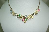 £34.00 - Vintage 50s Cream Enamel Floral Link Multicoloured Diamante Necklace