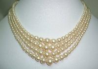 £45.00 - Vintage 30s 4 Row White Faux Pearl Glass Bead Necklace Diamante Clasp