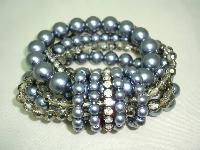 £22.00 - Fab Wide 6 Row Grey Glass Faux Pearl Bead and Diamante Stretch Bracelet