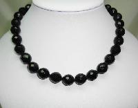 Vintage 50s Quality Black Faceted Crystal Glass Hand Knotted Bead Necklace