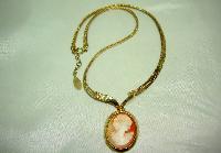 Vintage 60s Beautiful Oval Cameo Pendant on Gold Mesh Collar Necklace