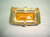 Vintage 50s Huge Amber Citrine Glass Stone Gold Textured Frame Brooch