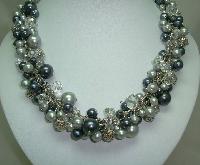 Quality Shades of Grey Faux Pearl Glass & Crystal Bead Dropper Necklace