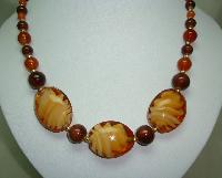 Vintage 50s Unusual Amber Brown Art Glass Design Bead Graduating Necklace