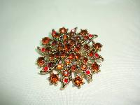 Vintage 50s Large Flower Shaped Amber Cognac Red Diamante Gold Brooch