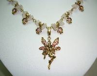 Signed Kirks Folly Pink Quartz & AB Diamante Dangle Angel Gold Necklace