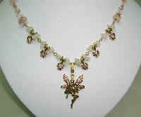Signed Kirks Folly Pink Quartz & AB Diamante Dangle Angel Gold Necklace