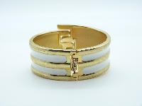 Vintage 50s Wide Cream Enamel Goldtone Clamper Cuff Hinged Bangle Bracelet