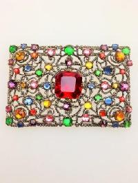 Fab Vintage 30s Czech Goldtone Filigree Multicoloured Diamante Brooch