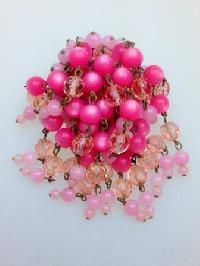 Vintage 50s Pink Moonglow and Crystal Glass Bead Waterfall Cascade Brooch