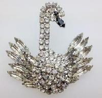 Vintage 50s Stunning Diamante Paste Figural Swan Bird Silvertone Brooch 