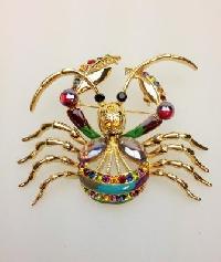 £36.00 - Vintage 80s BIG Enamel and Diamante Colourful Figural Crab Brooch Amazing!