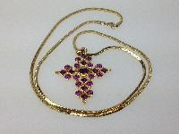 Vintage 80s Sparkling Amethyst Diamante Goldtone Cross Pendant witn Snake Chain