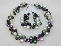 Black Green Purple and White Glass Pearl Bead Necklace and Bracelet Set