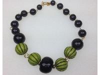 Stunning Signed Jaeger Chunky Black and Green Striped Bead Necklace