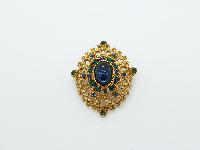 Vintage 50s Signed Sphinx Ornate Green and Blue Diamante Cabouchon Brooch