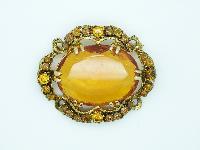£20.00 - Vintage 50s Amazing Large Amber Glass Diamante Goldtone Oval Brooch 6cms