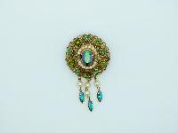 £24.00 - Vintage 30s Czech Green AB Diamante and Faux Pearl Dropper Goldtone Brooch