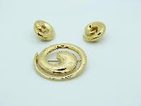 Vintage 90s Signed M&S Round Goldtone Brooch and Clip On Earrings Set