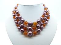 Vintage 50s Three Row Amber Glass and Purple Glass Faux Pearl Bead Necklace
