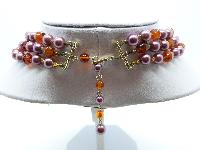 Vintage 50s Three Row Amber Glass and Purple Glass Faux Pearl Bead Necklace
