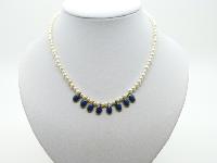 Vintage Redesigned 50s Glass Faux Pearl Bead Blue Enamel Dropper Necklace