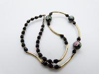 Vintage Redesigned 1950s Blac Murano Glass Flower Bead Gold Link Necklace Unique 50cms