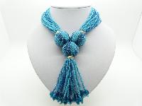 Stunning Turquoise Glass Seed Bead Multi Strand Tassel Statement Necklace 