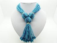 Stunning Turquoise Glass Seed Bead Multi Strand Tassel Statement Necklace 